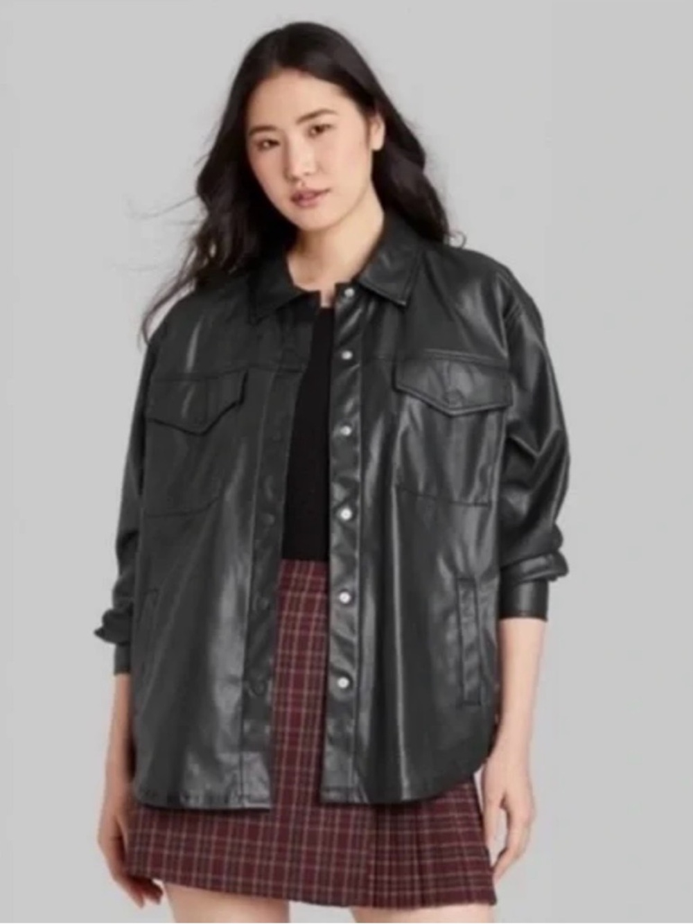 wild fable Black Faux Leather Shirt Jacket